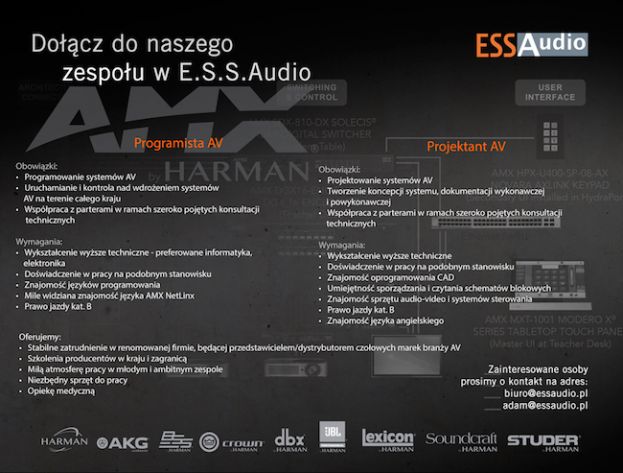 ESS Audio poszukuje osób do pracy na stanowiskach Programista AV oraz Projektant AV